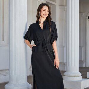 High Slit Roll-tab Sleeve Notched Neck Maxi Dress